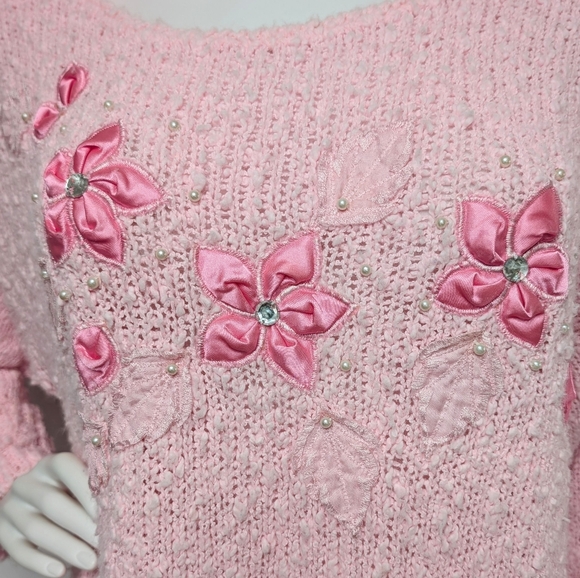 Vintage 80s 90s Light Pink Fuzzy Chunky Sweater With Satin Flowers, Beads & Gems - Picture 3 of 6